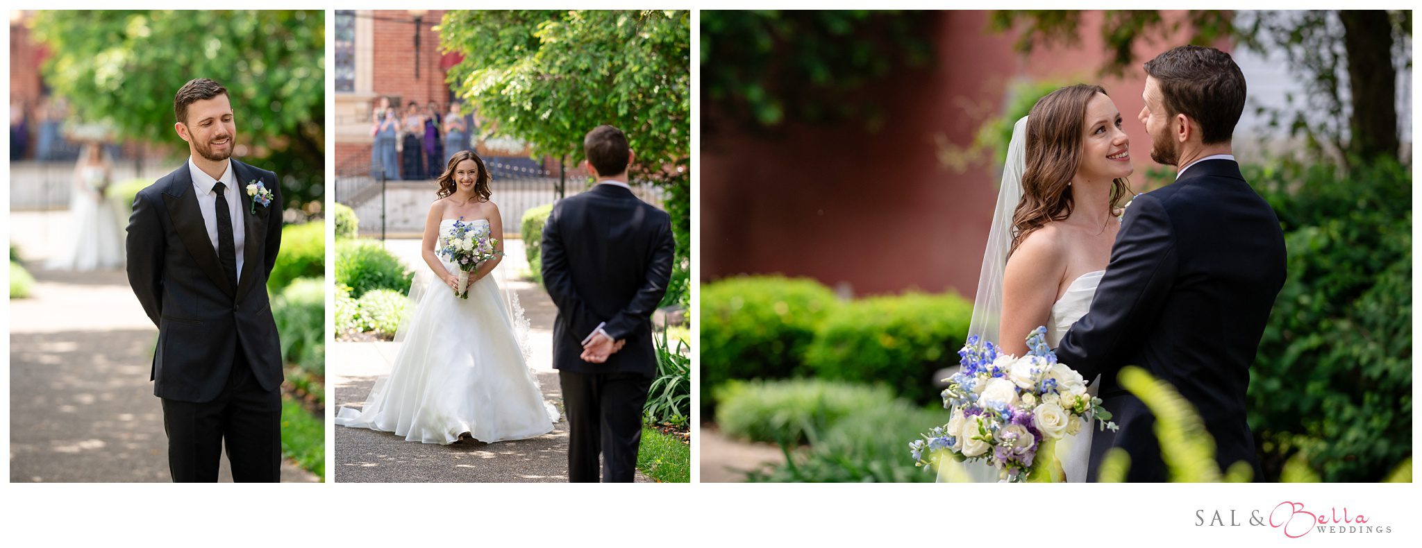 A groom waits patiently in the garden at the priory as his bride walks up to him. They share a sweet first look before their wedding.