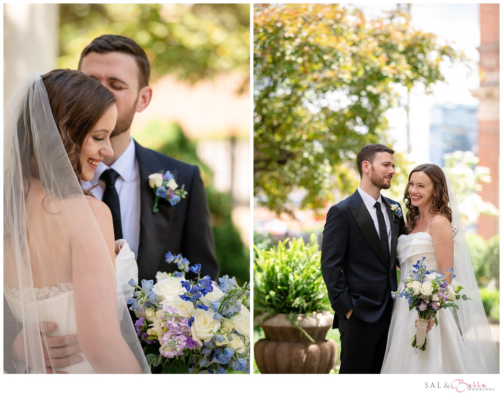 Bride and groom pose for photos in the garden at the Grand Hall at the Priory.