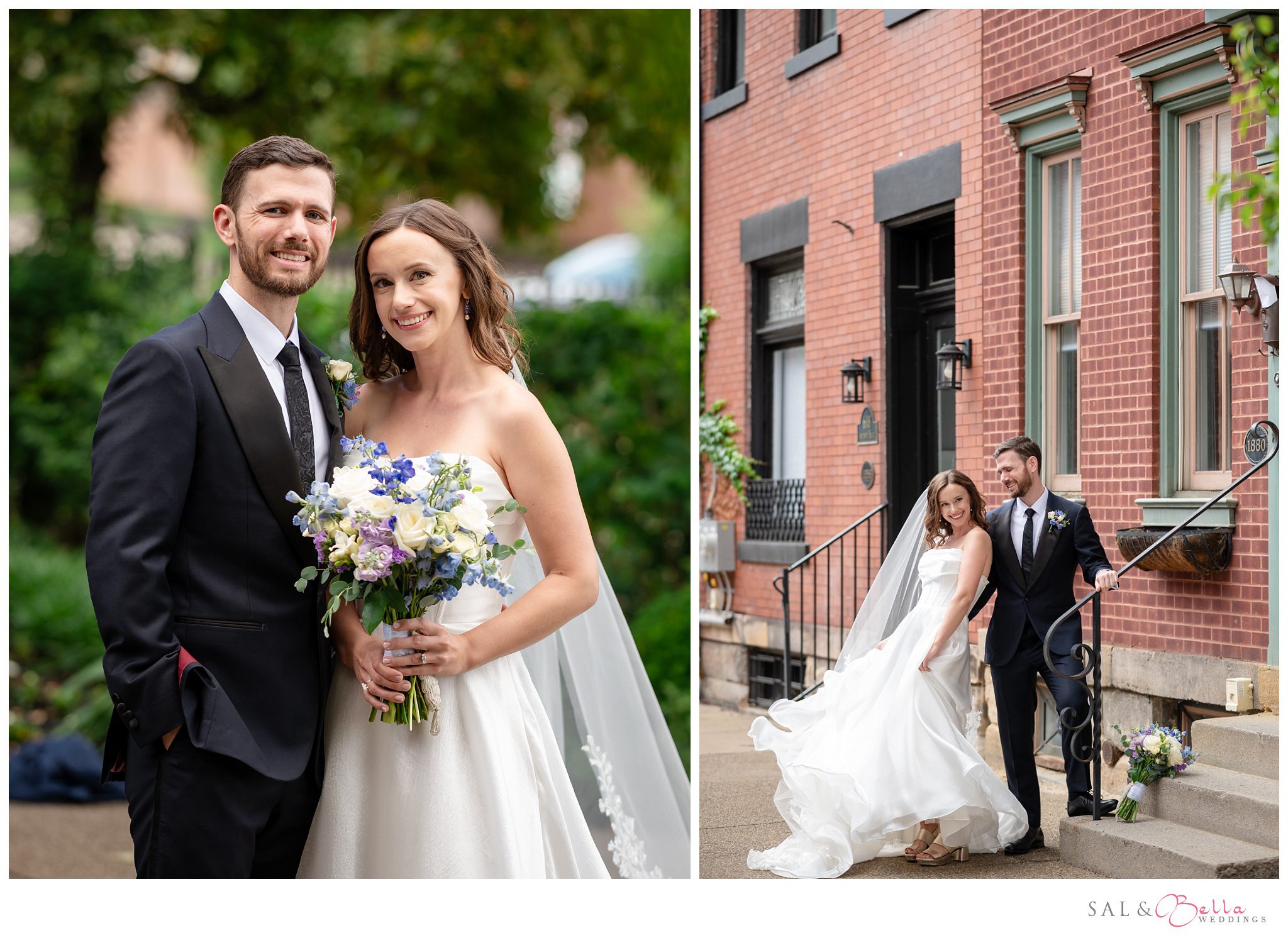 Bride & Groom smile for photos in the garden of the Grand Hall at the Priory. 