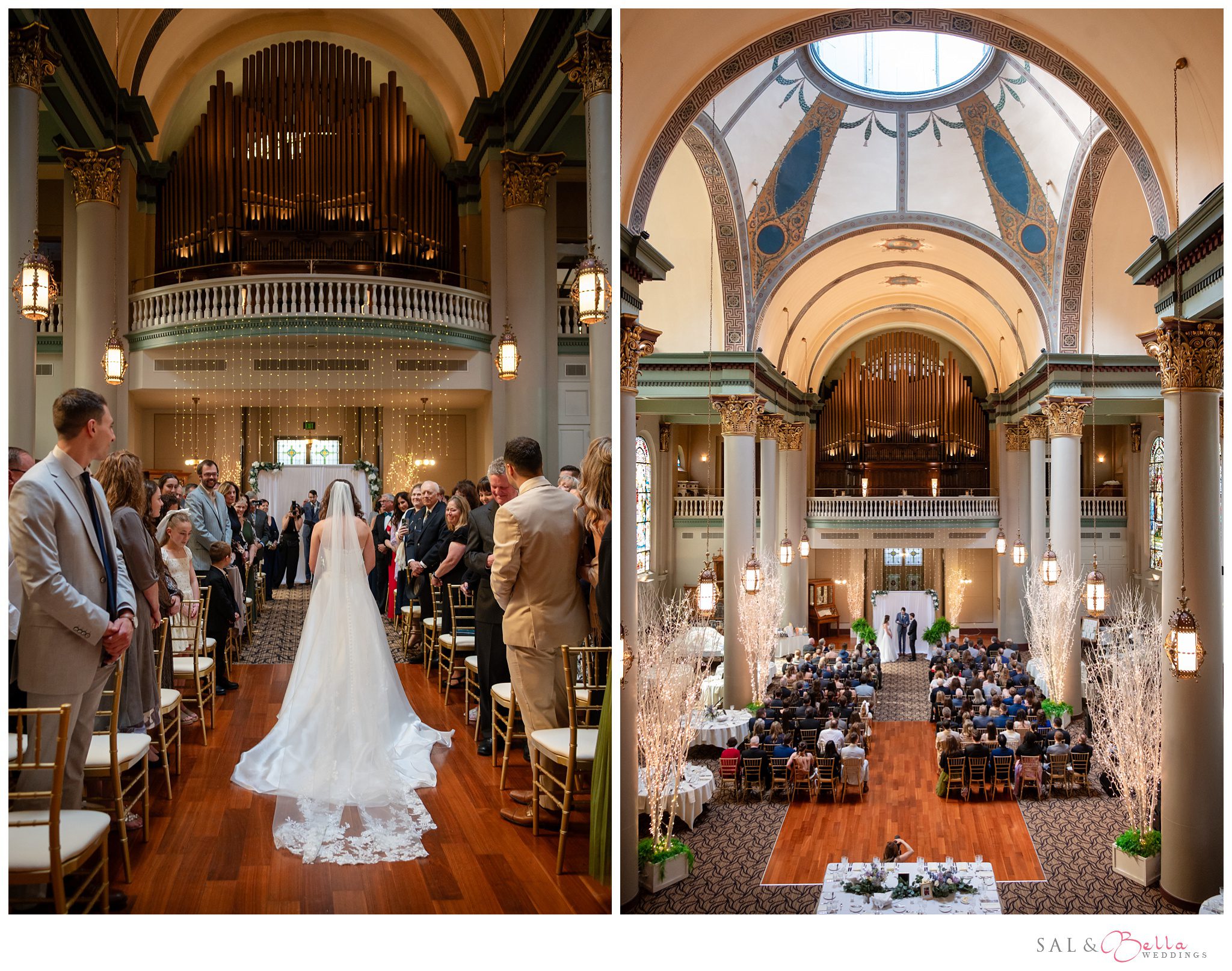 sunlight streaming down from the skylight during the wedding ceremony at Pittsburgh's grand hall at the priory. 