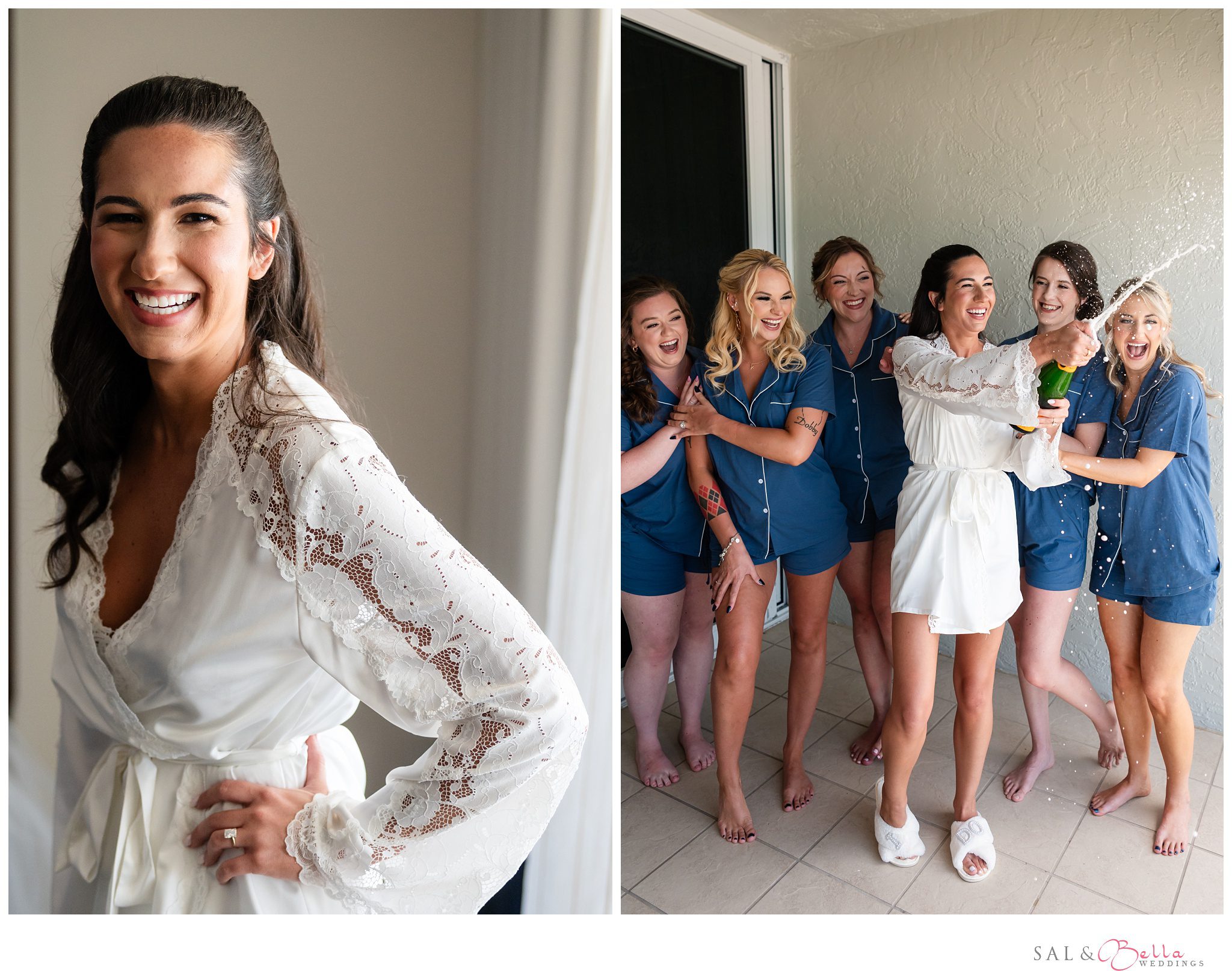 Bridesmaids pop a bottle of champagne to celebrate the bride. 
