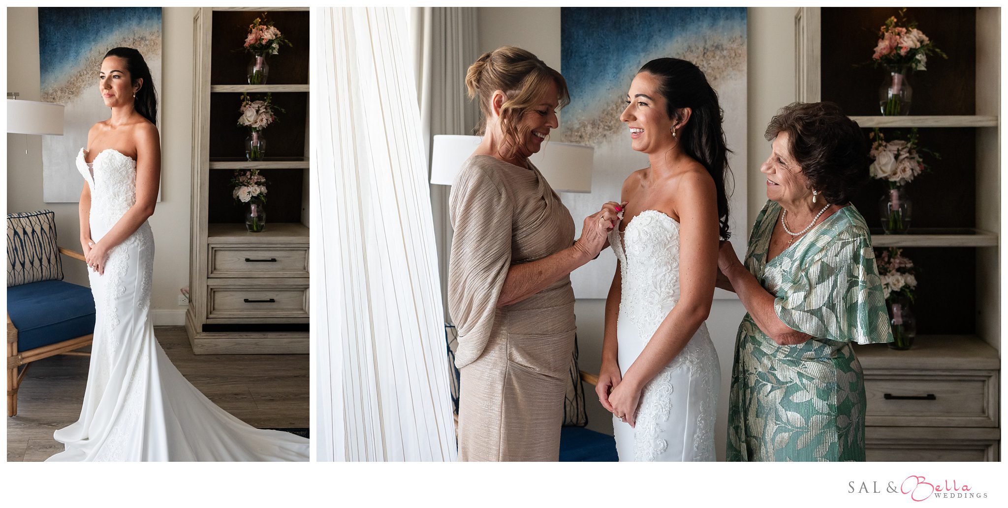 Bride's mom & grandma adjusting her Demetrios gown in the bridal suite at The Resort at Longboat Key Club