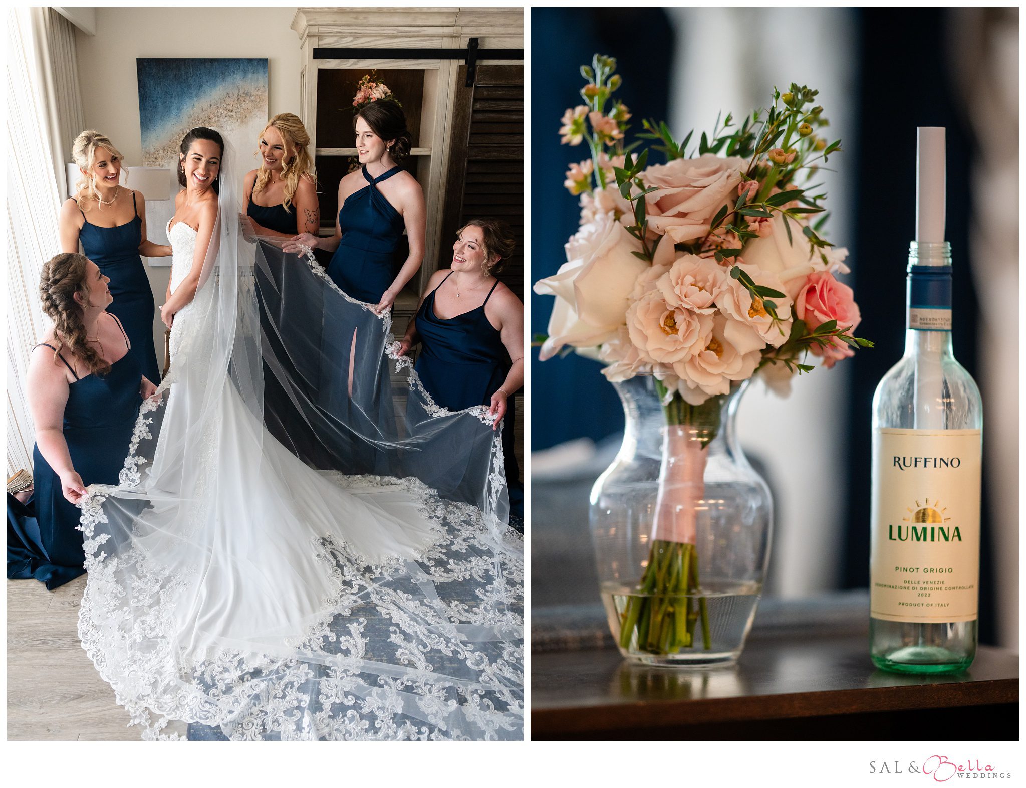 Cassie smiling while her bridesmaids help her get ready at The Resort at Longboat Key Club.