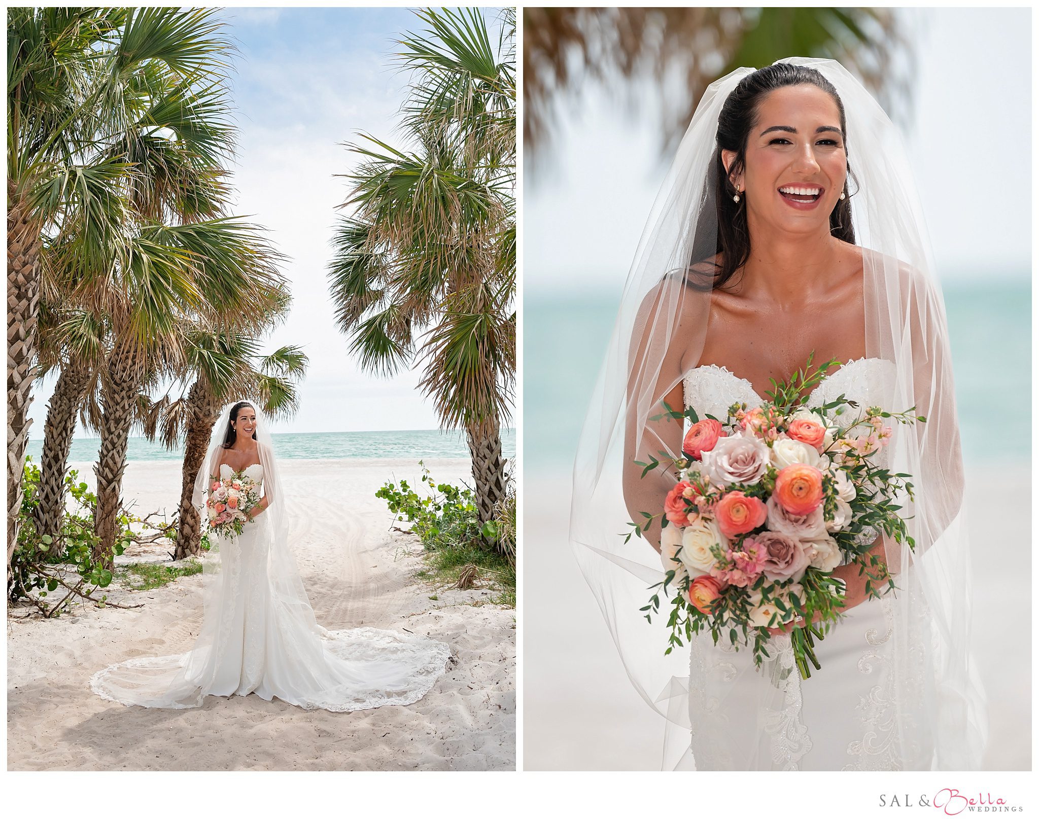 Cassie stuns on the white sand beach in her Demetrios gown.