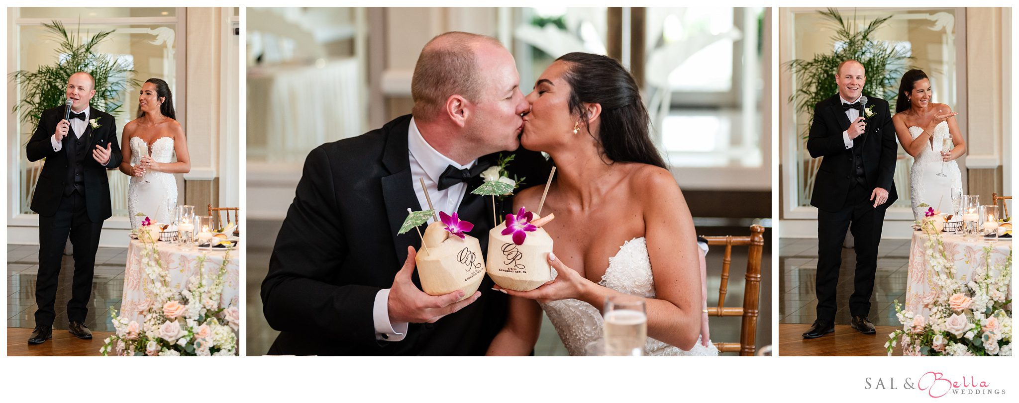Bride & groom share a kiss as they hold their Surfing Coconut signature drink at the Resort at Longboat Key Club.