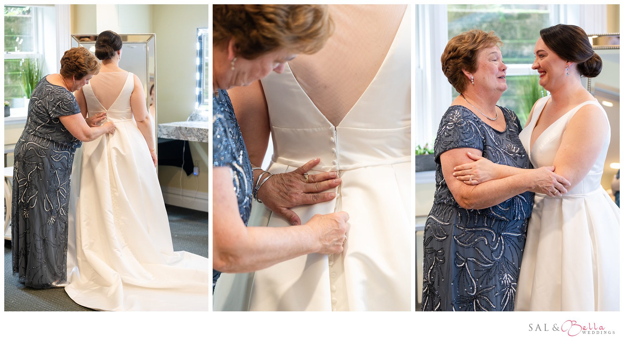The bride's mother helps the bride to get ready at the Priory Hotel