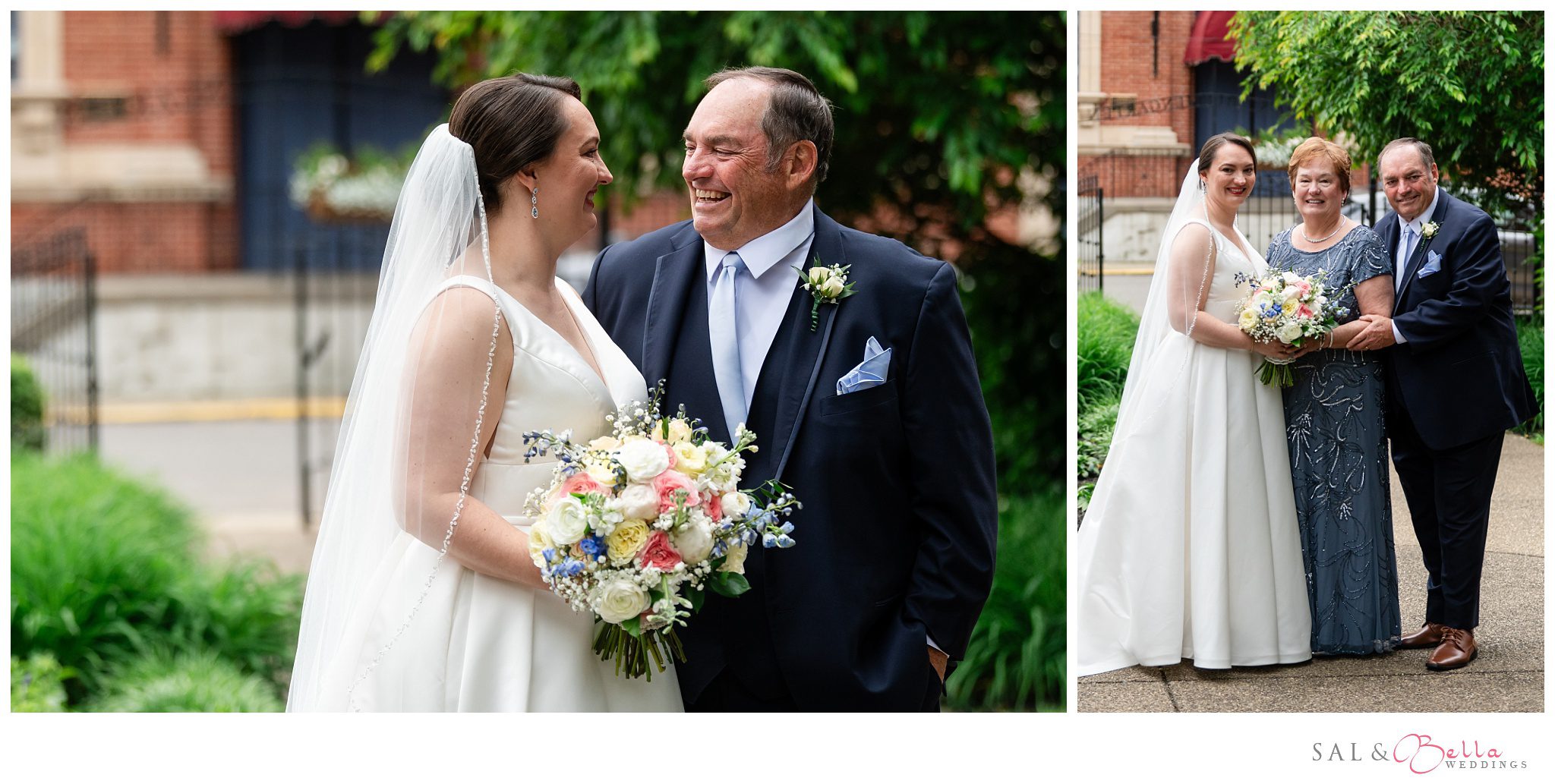 Bride smiles with her parents for wedding portraits in the Garden at the Priory's grand hall. 