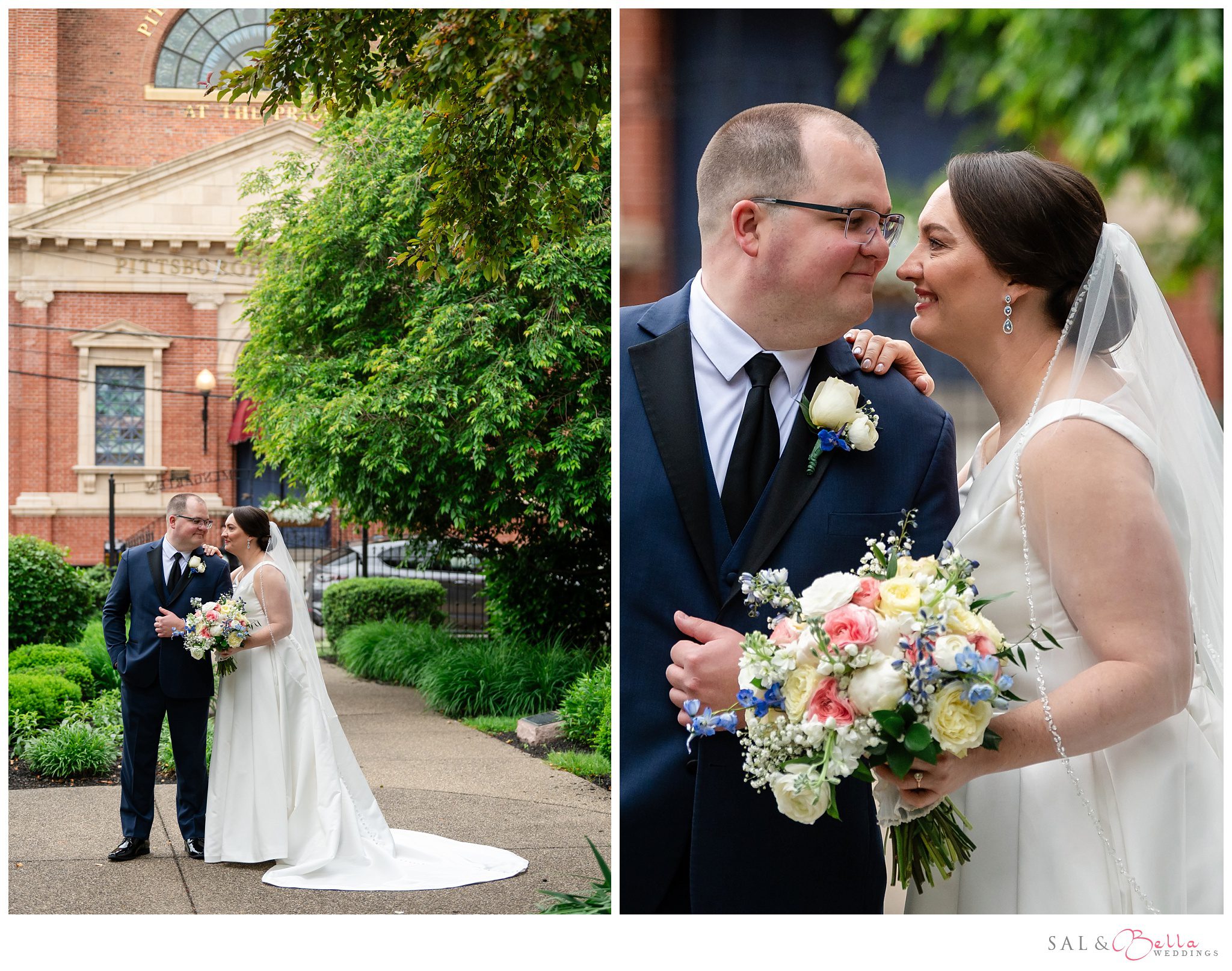 Bride and groom smiling during first look at the Priory’s Grand Hall