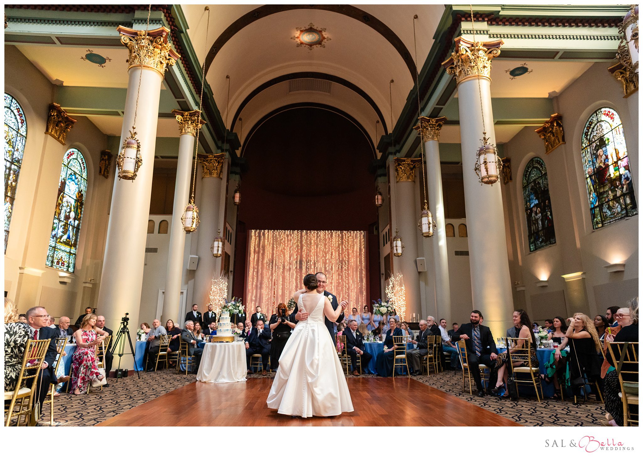couple share's their first dance together at their wedding at the Priory's grand hall. 