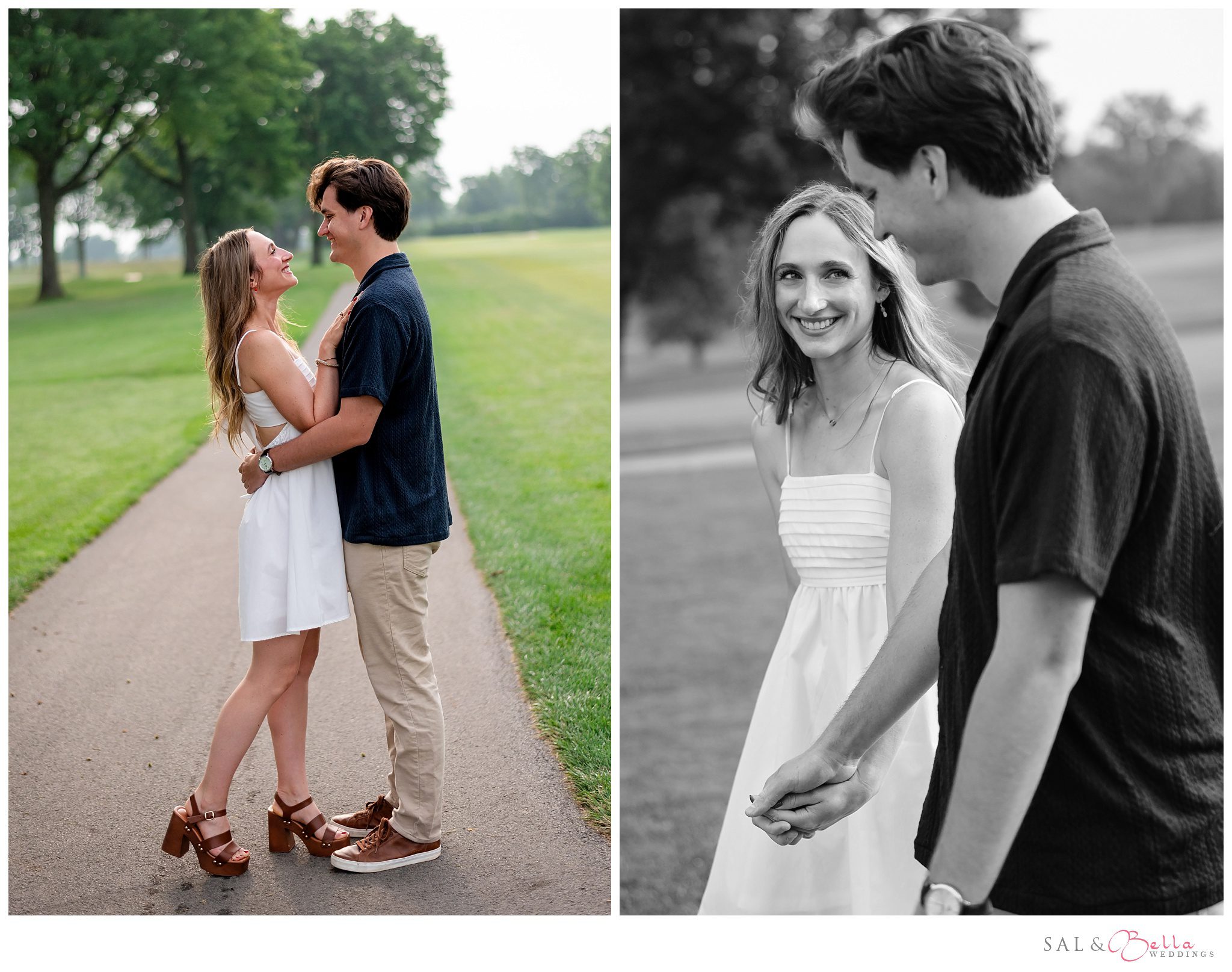Engaged couple laughing together in morning sunlight at Butler Country Club.