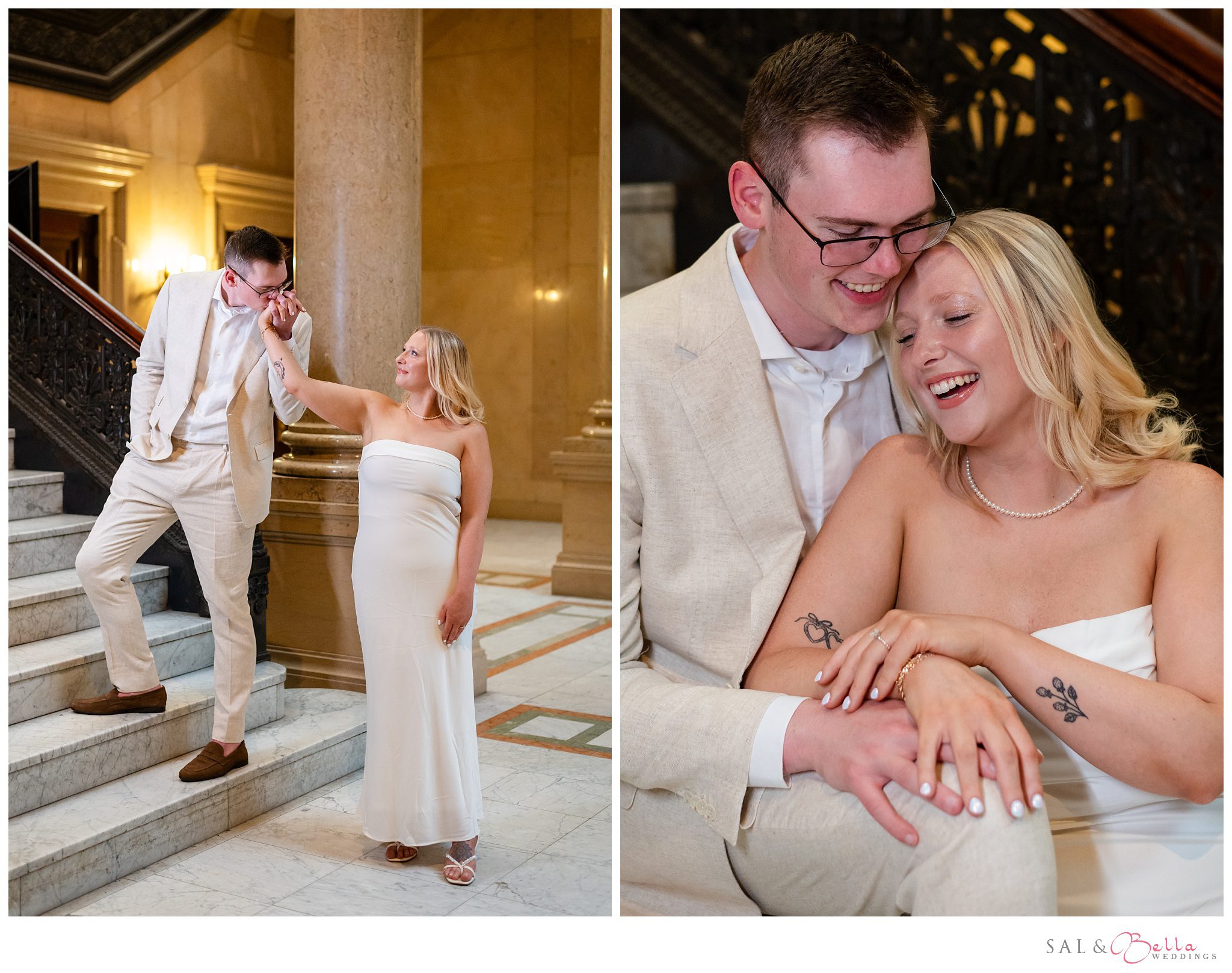 Bride in sleek white dress and groom in cream linen suit at Carnegie Museum engagement shoot.