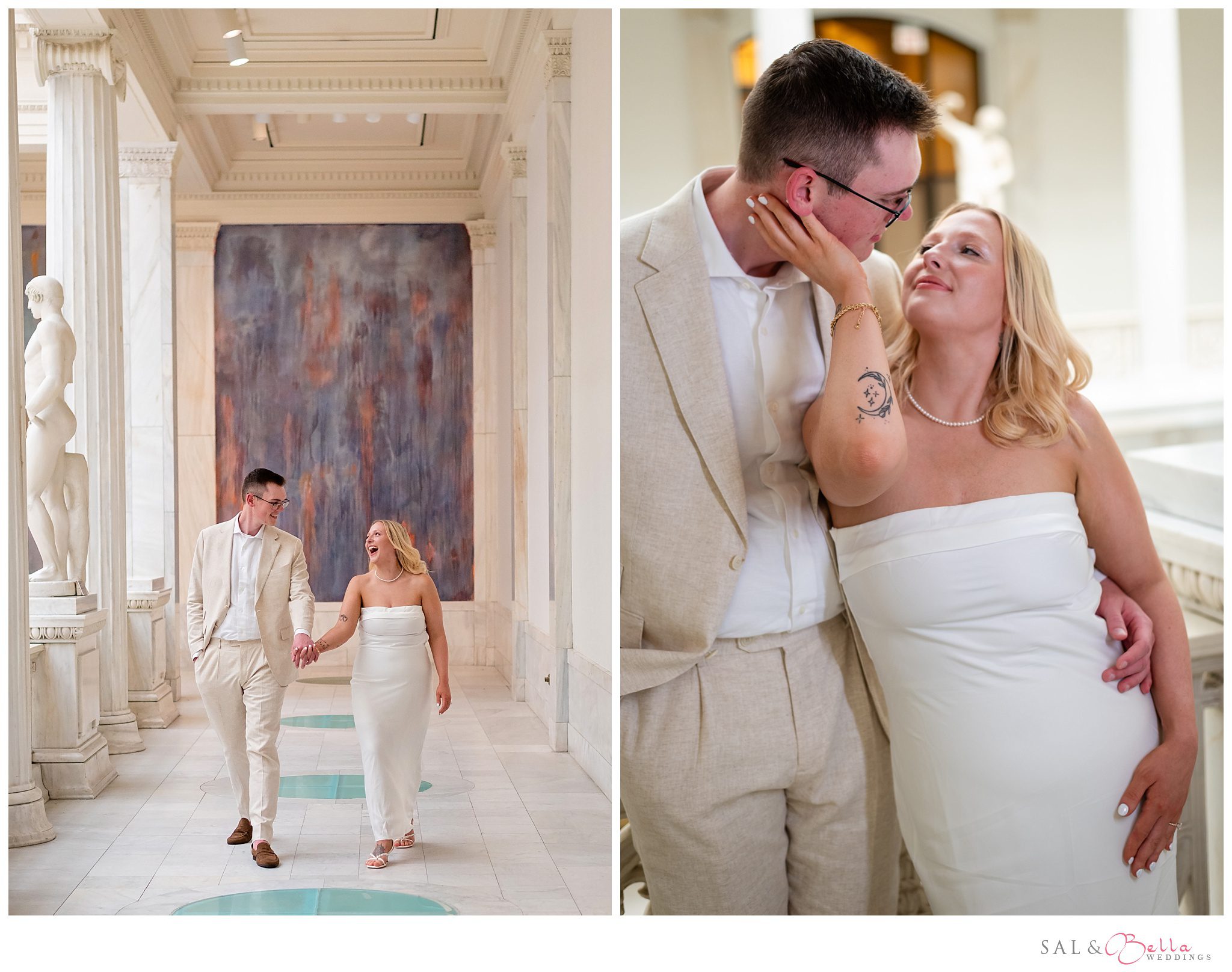 Bride walking with groom at Carnegie Museum engagement session