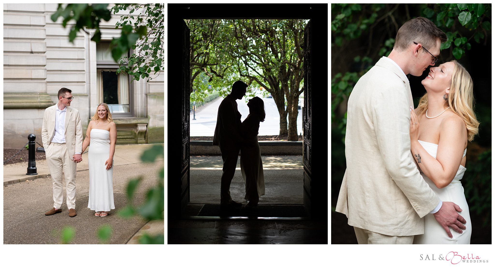 Engagement photo outside Carnegie Museum surrounded by summer trees.