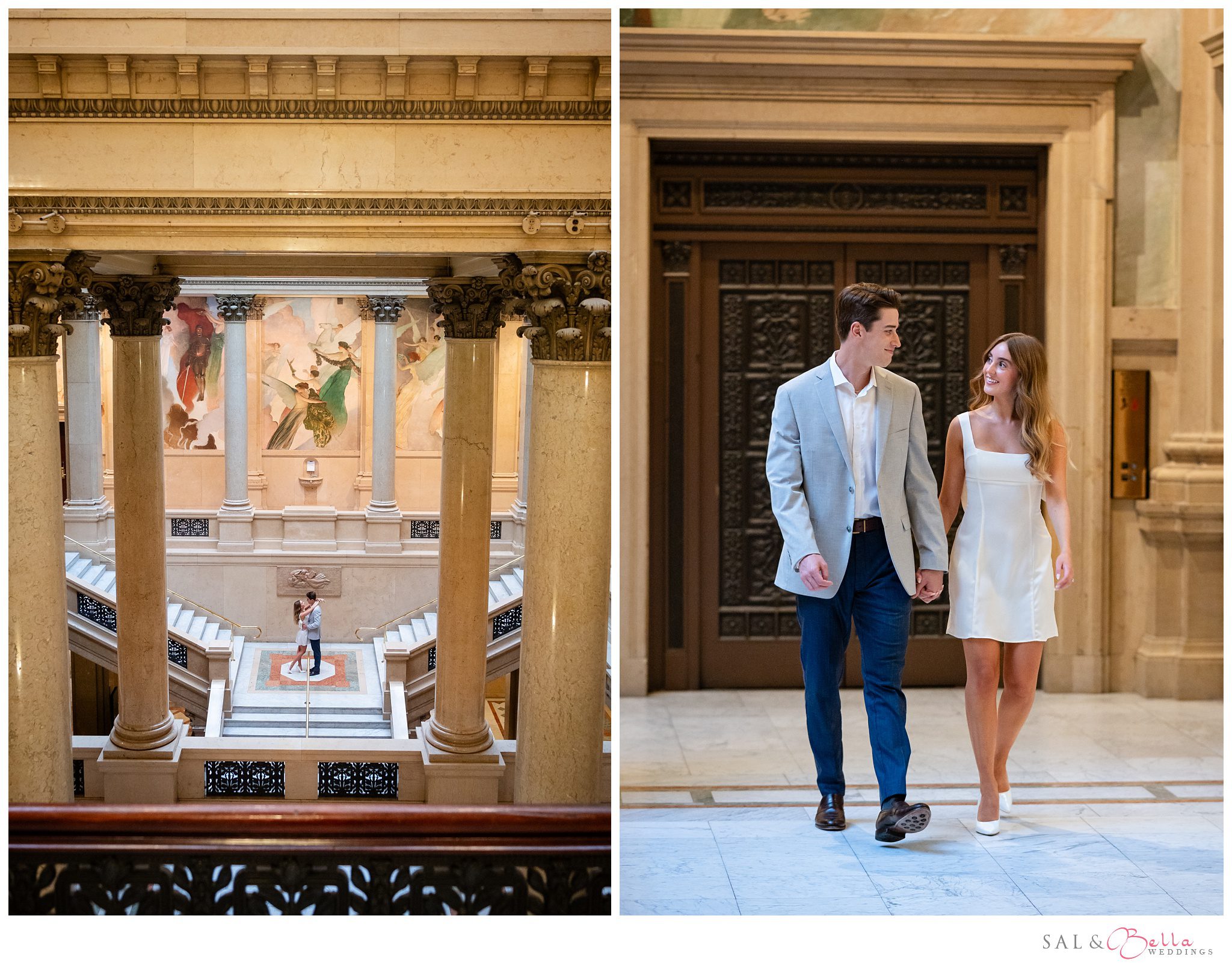 Couple holding hands for a photo at the Carnegie Museum.