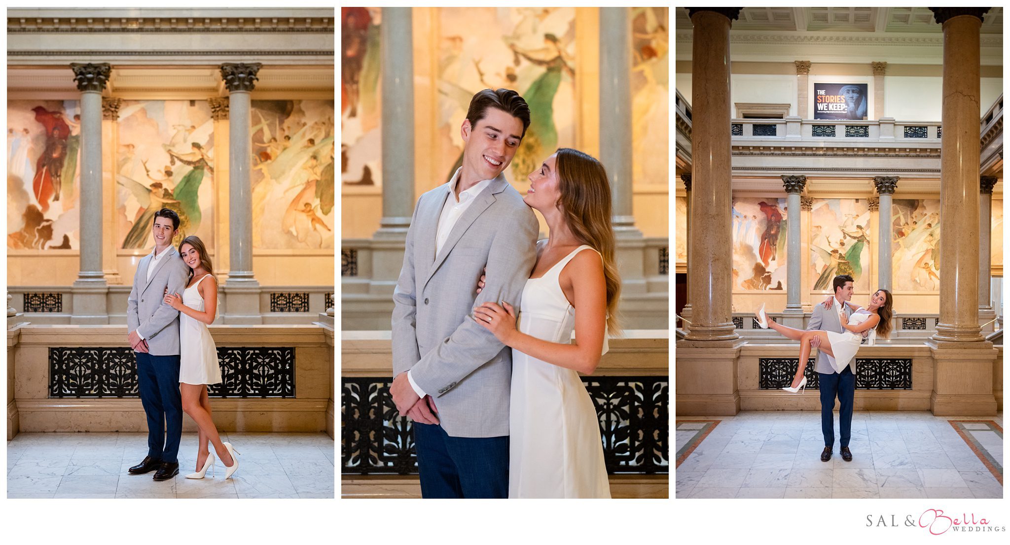 Jack and Natalie laughing together during their indoor engagement session.