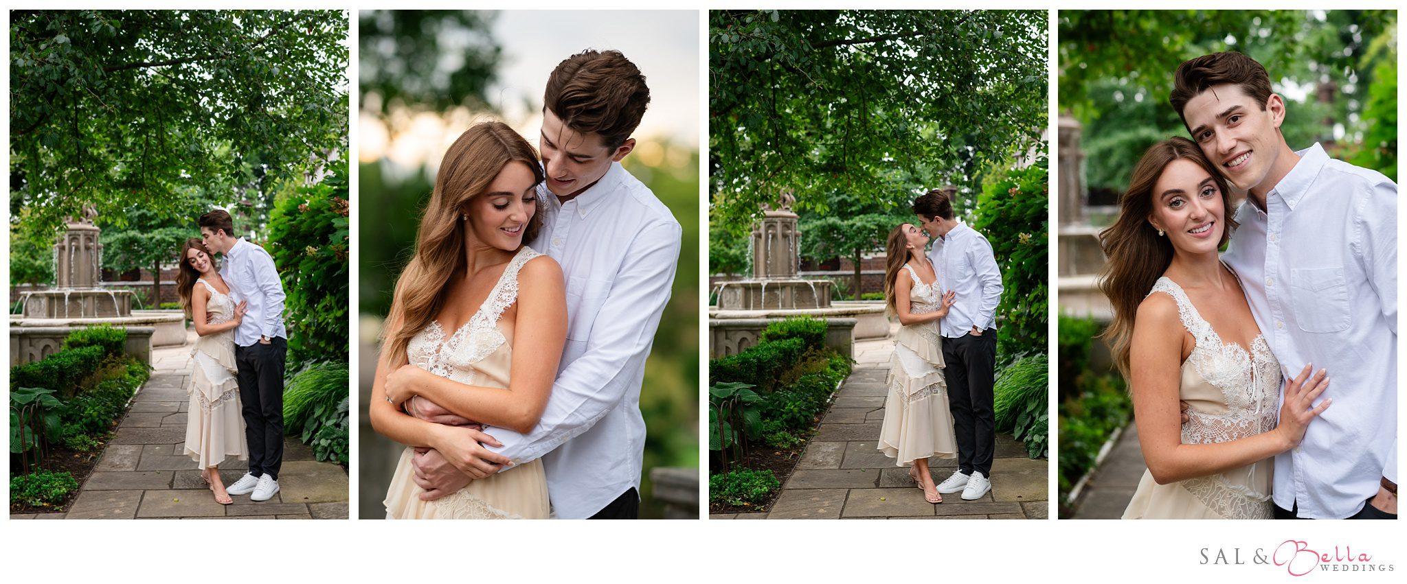 Bohemian-style engagement photo with lush park background.