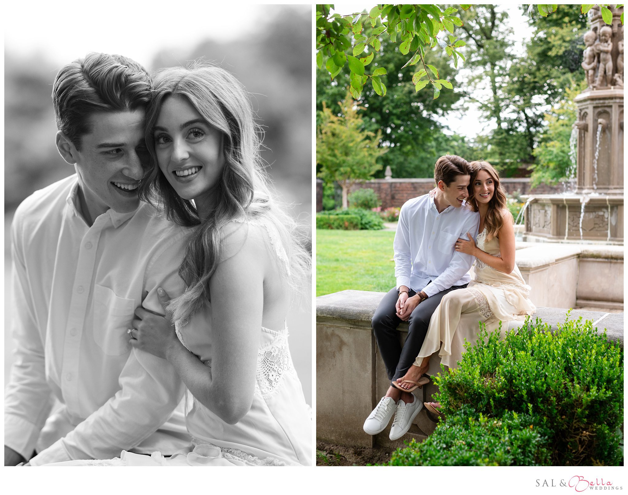 Natural, candid moment of the couple enjoying their engagement session in front of the fountain in the walled garden.