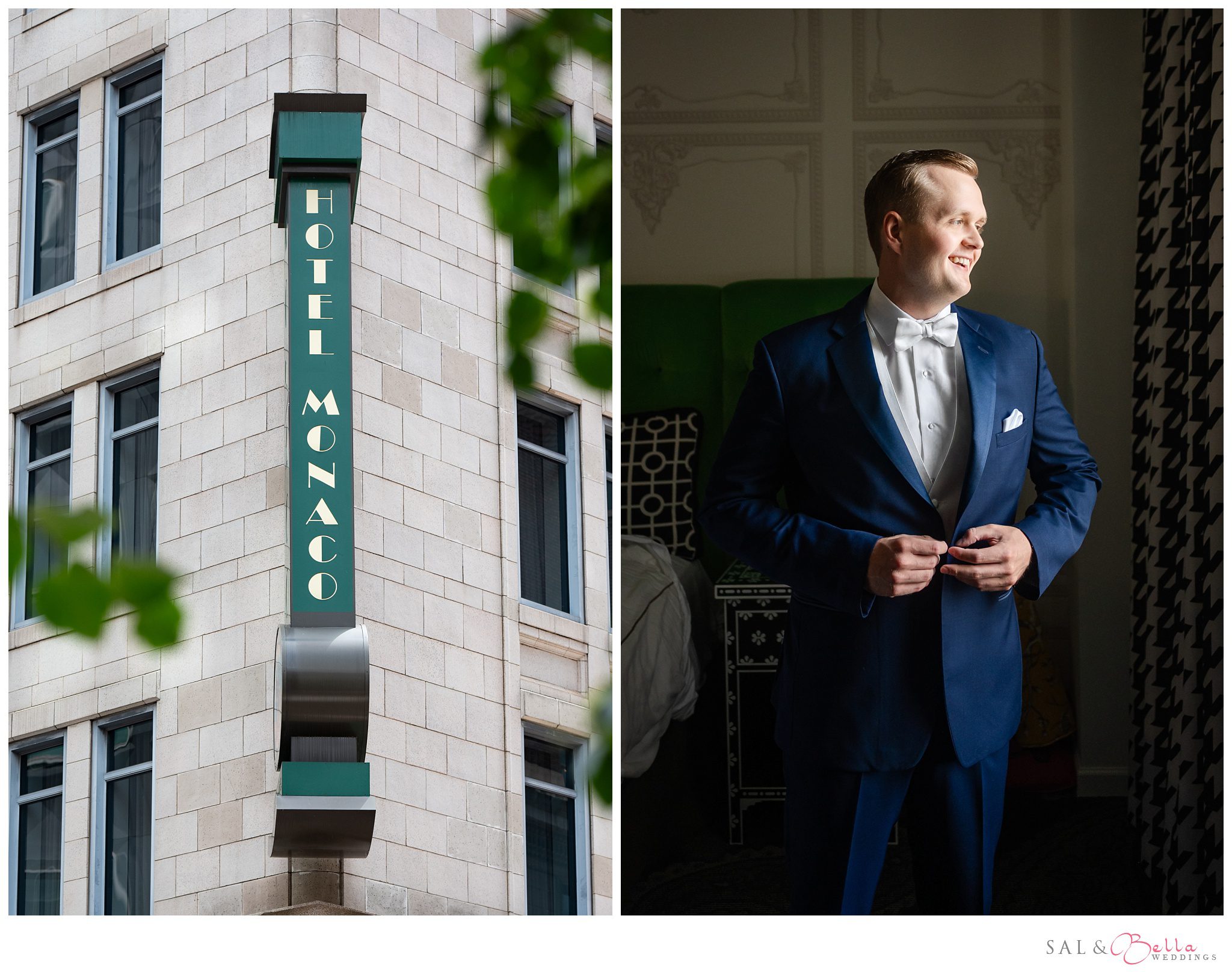 Groom poses in front of the window at hotel Monaco the morning of his wedding. 