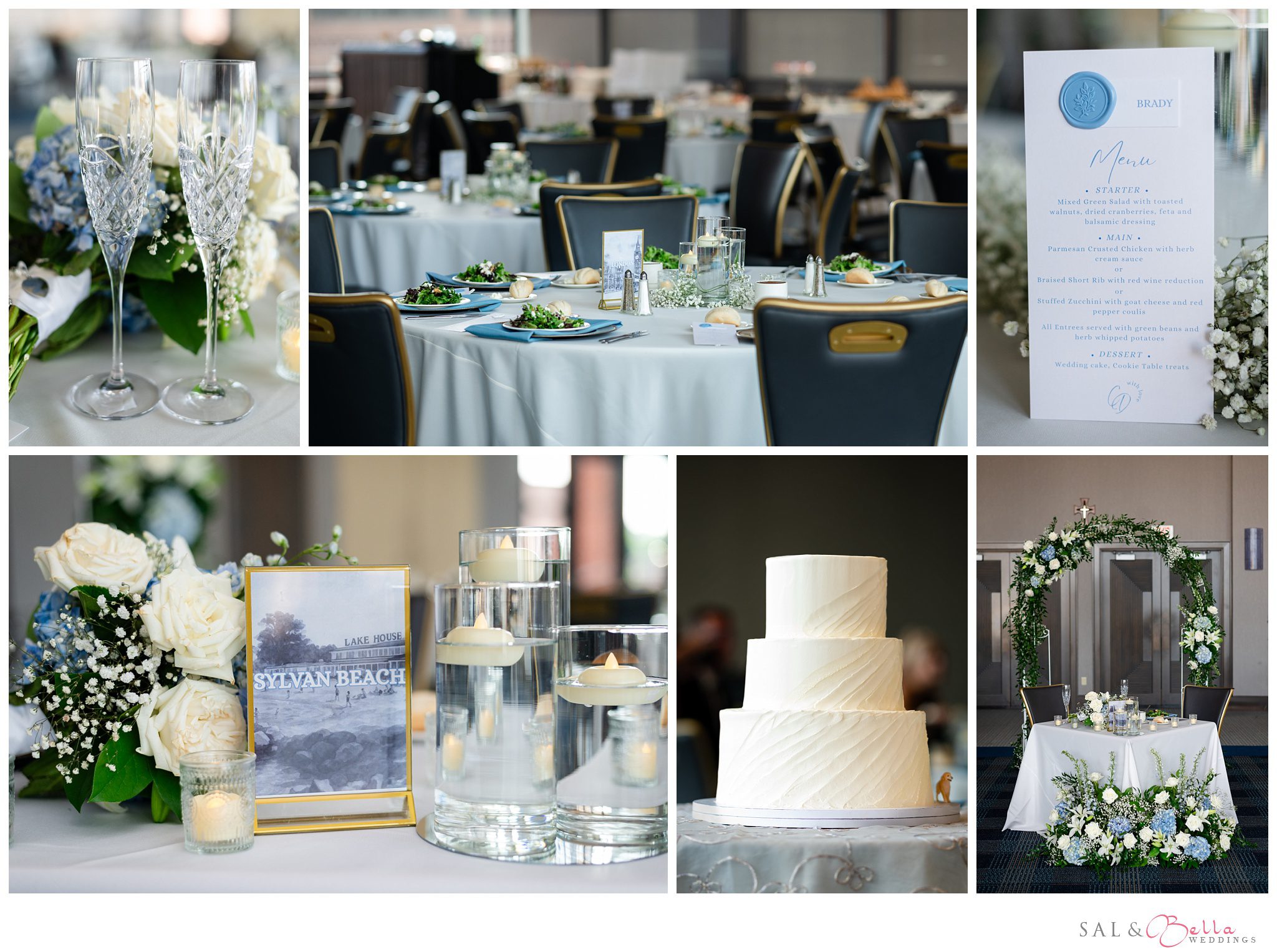 soft blue and white flowers and candles decorate the ballroom for this Wedding at Duquesne Power Center.
