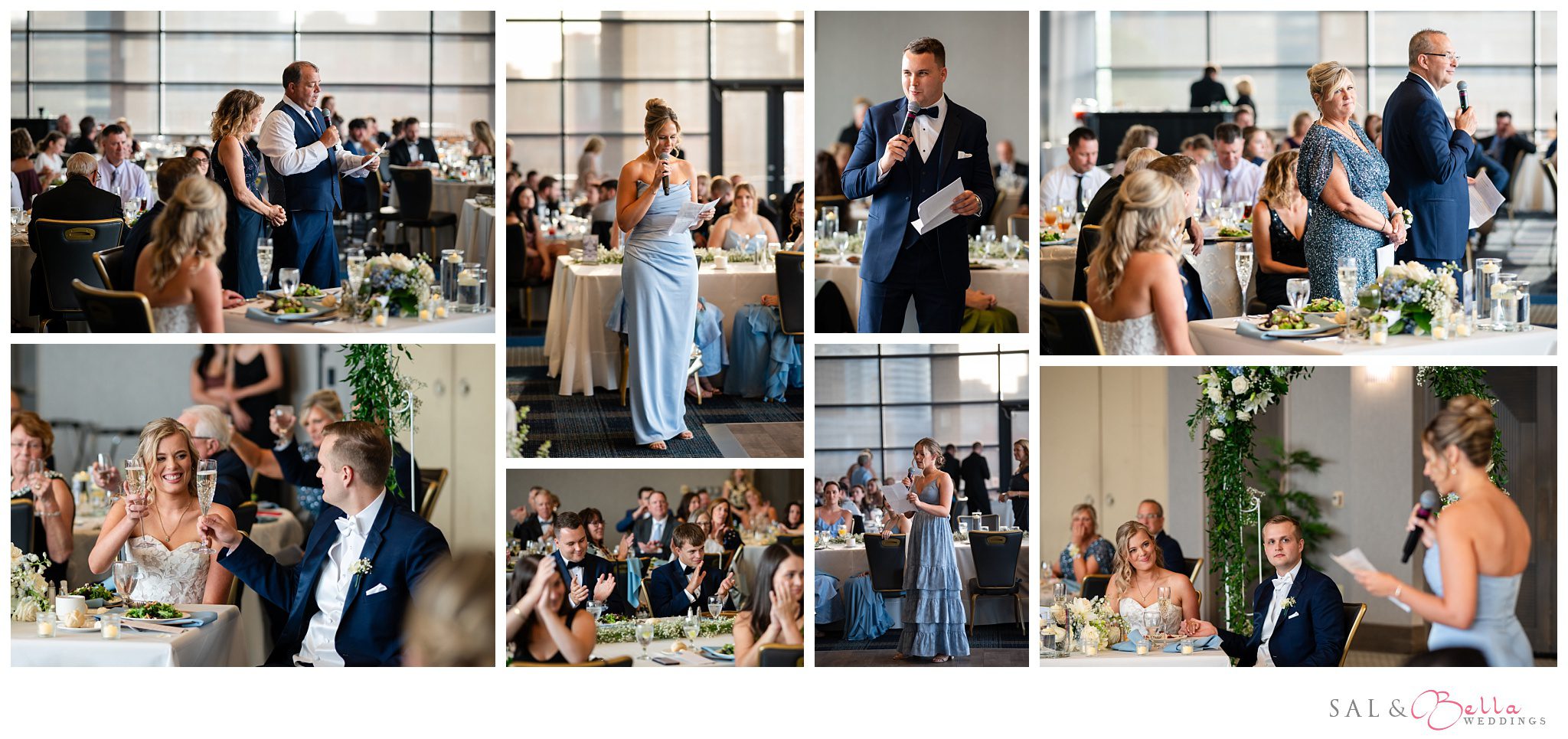 the newlyweds listen as their bridal party shares in their toasts and speeches at Wedding at Duquesne Power Center