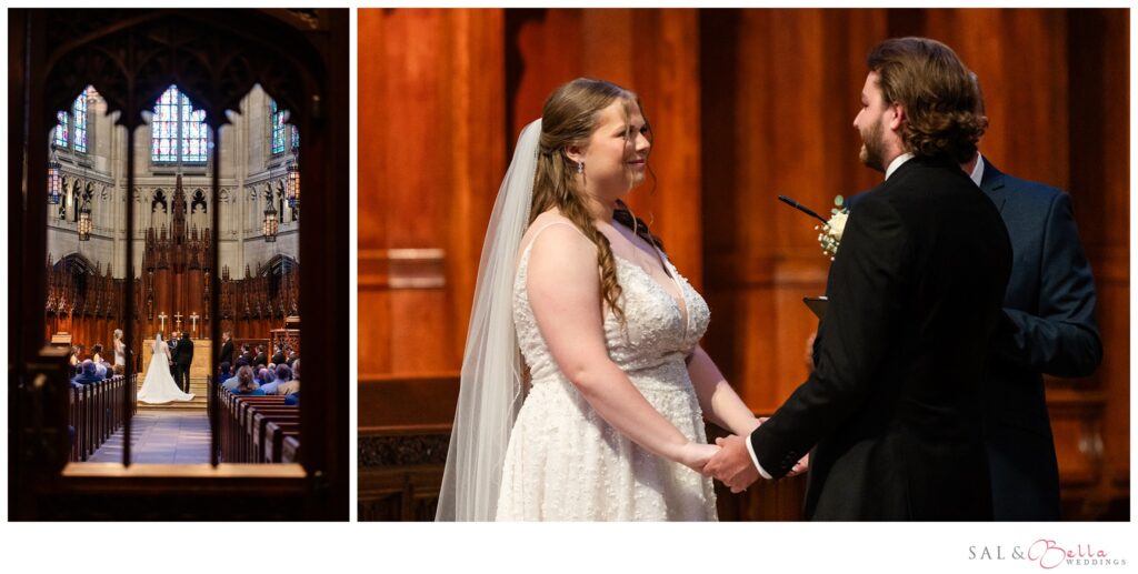 Bride and groom exchanging vows at Heinz Memorial Chapel during a classic Pittsburgh church wedding