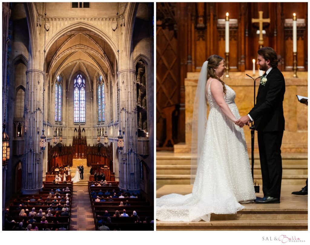 Wide view of a summer wedding ceremony inside Heinz Memorial Chapel filled with family and friends