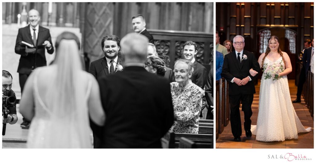Bride escorted down the aisle by her grandfather during a traditional wedding ceremony at Heinz Memorial Chapel