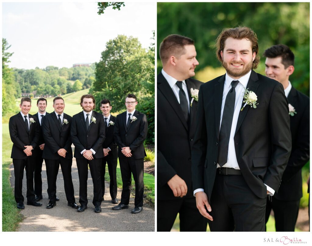 Groomsmen celebrating together during outdoor wedding portraits at Southpointe Golf Club