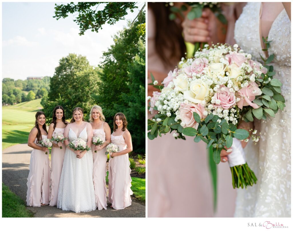 Bridesmaids pose for photos on the golf course during summer wedding portraits at Southpointe Golf Club