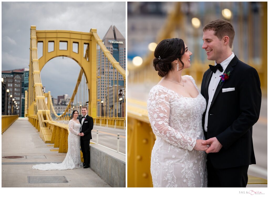 Newlyweds sharing a romantic moment on the Roberto Clemente Bridge during their Priory Pittsburgh wedding