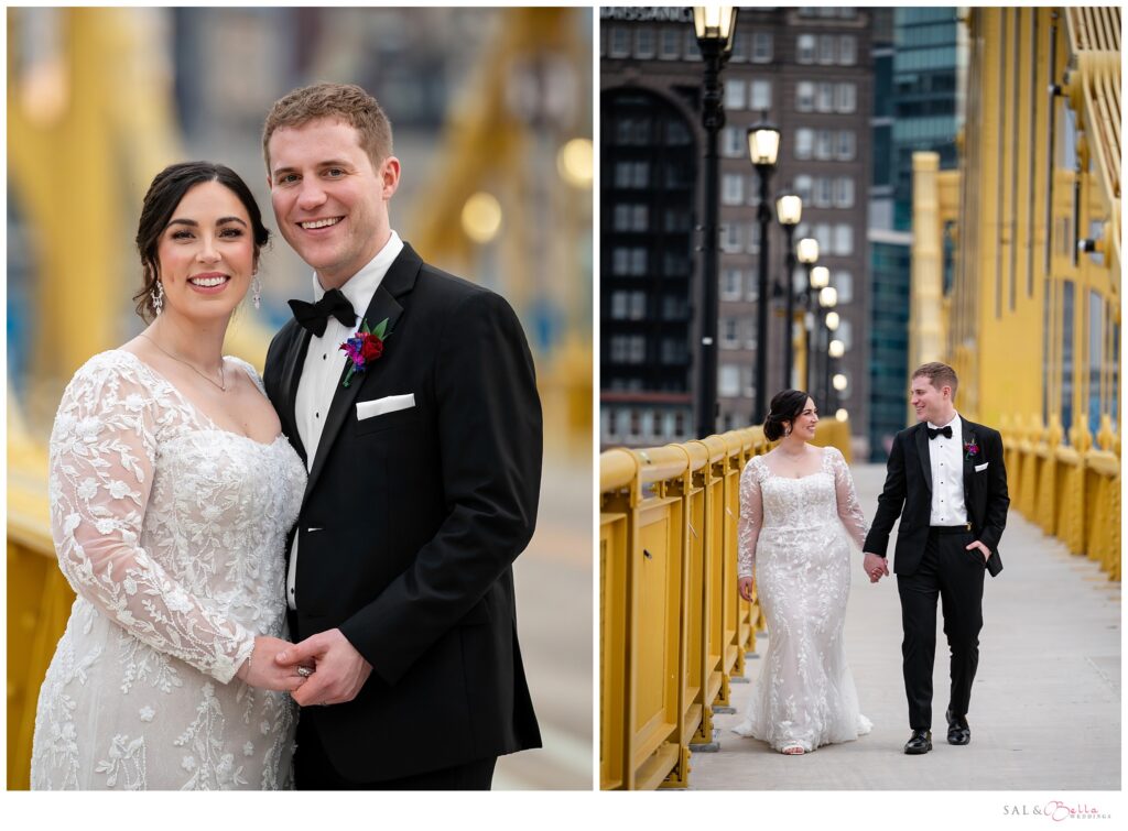 Bride and groom portraits on the Roberto Clemente Bridge with the Pittsburgh skyline