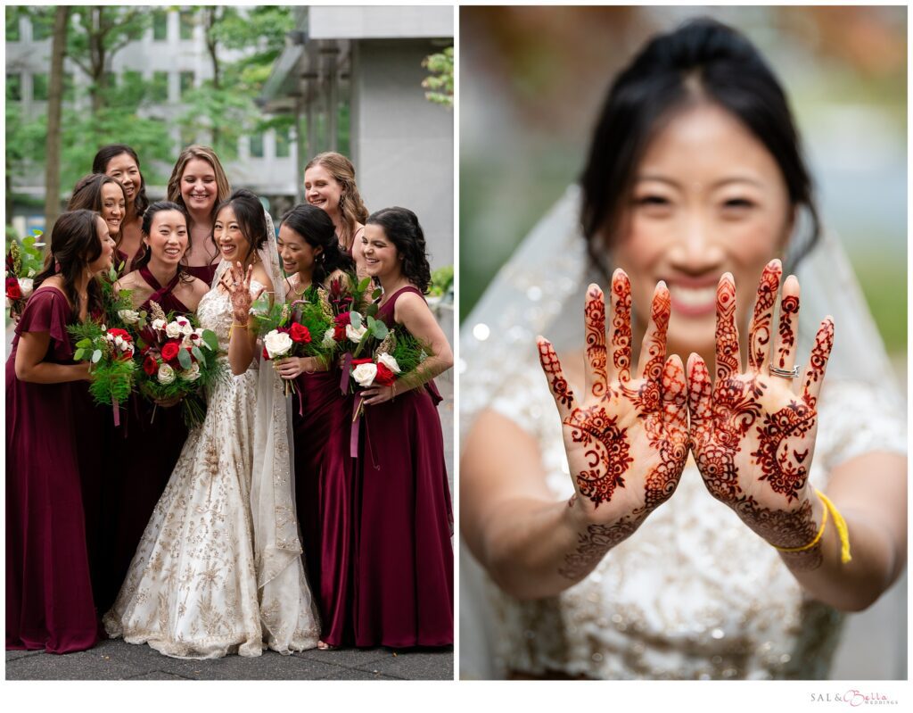 Bride shows off her new wedding ring as well as her bridal mehndi. 