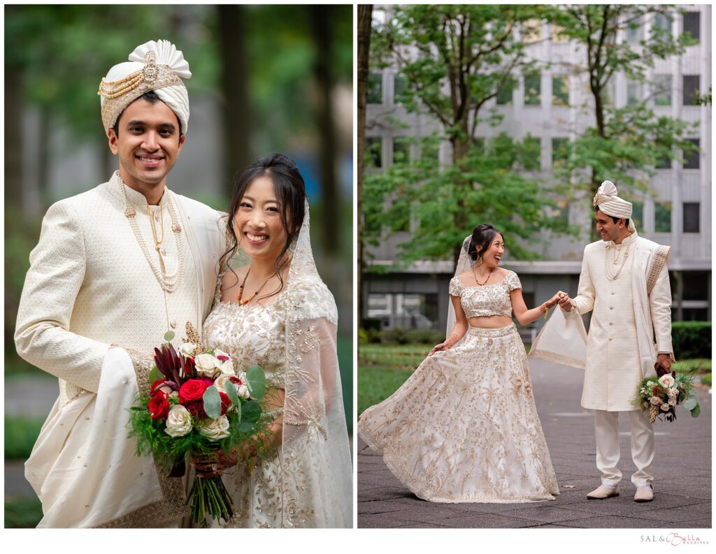 bride and groom pose together in the courtyard after their wedding at the Wyndham Grand Hotel. 