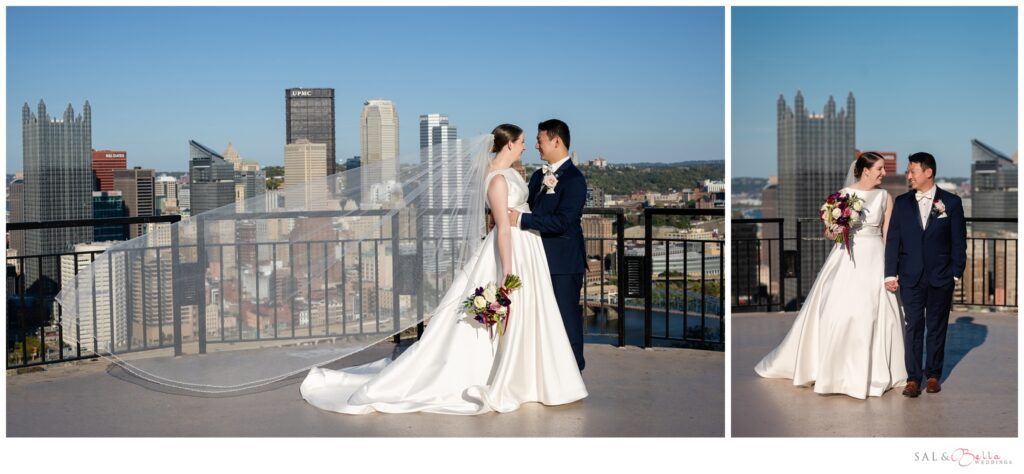 Bride & Groom pose for photos on the overlook at Mt. Washington.