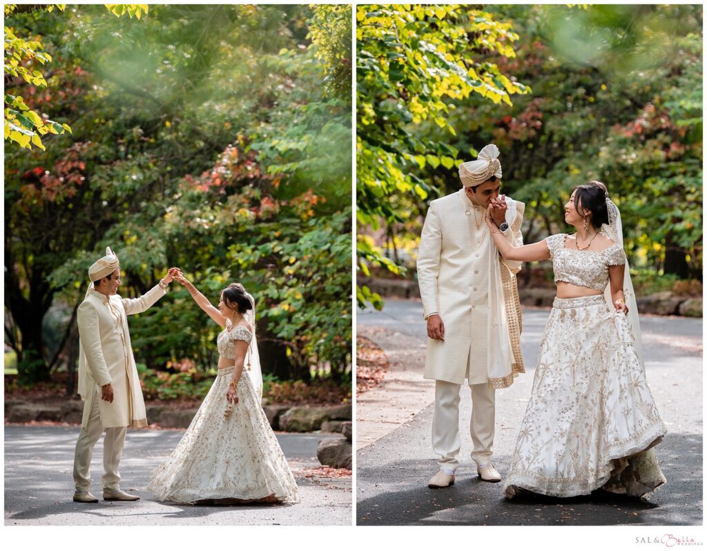 Wedding couple walk through the trails at Point State Park. 