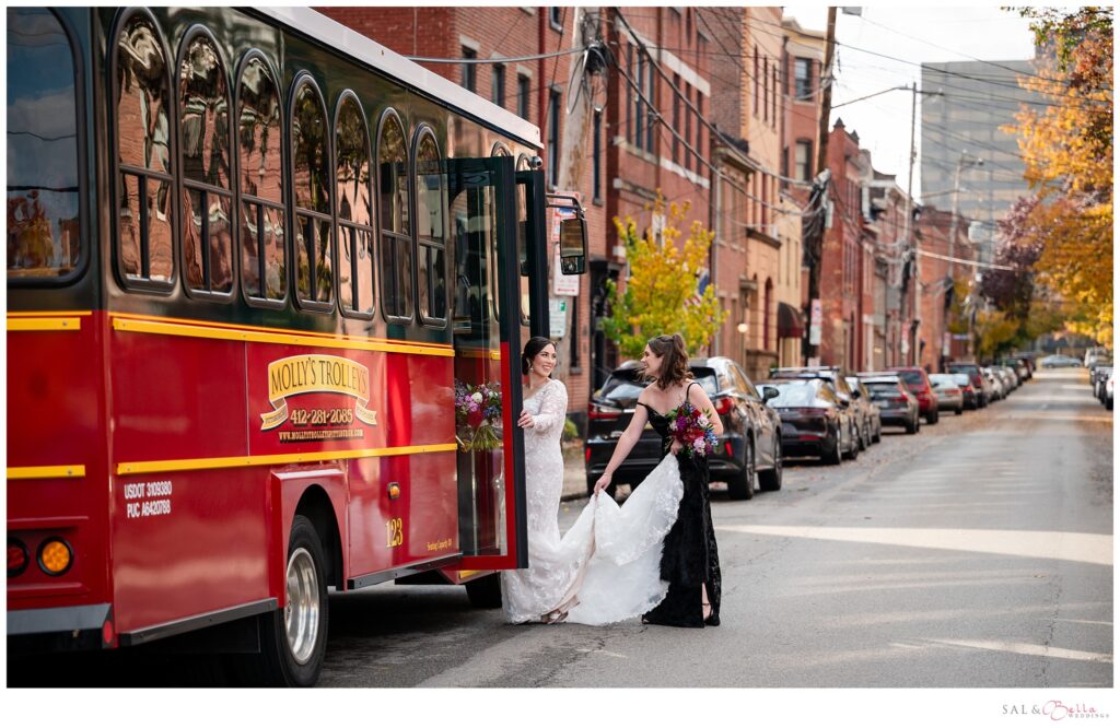 Bride getting on her Molly's trolley to head to Saint Stanislaus church. 