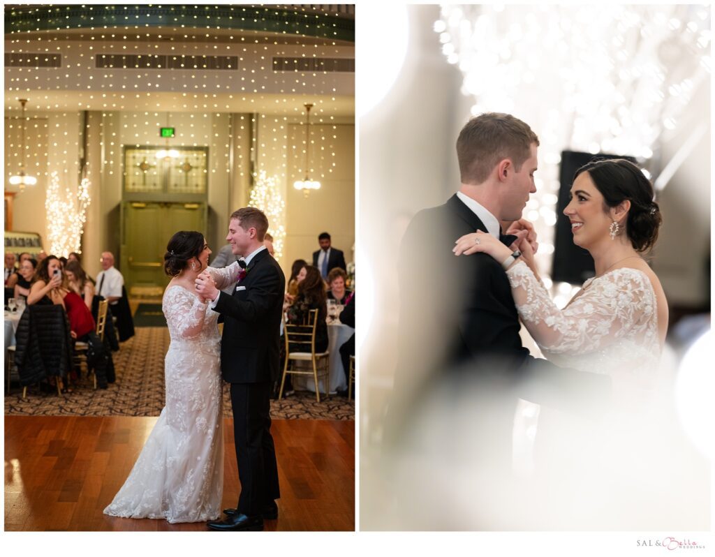 Bride and groom sharing their first dance beneath the vaulted ceilings of The Priory