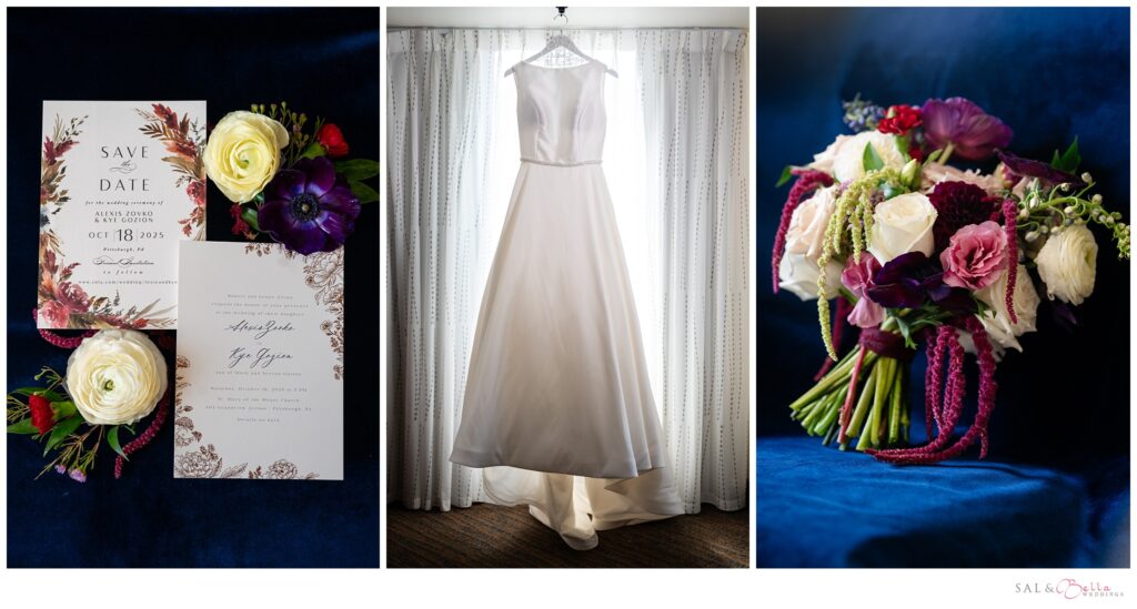 Bridal gown from One Enchanted Evening hanging in the window. Flowers by Beloved Floral Company