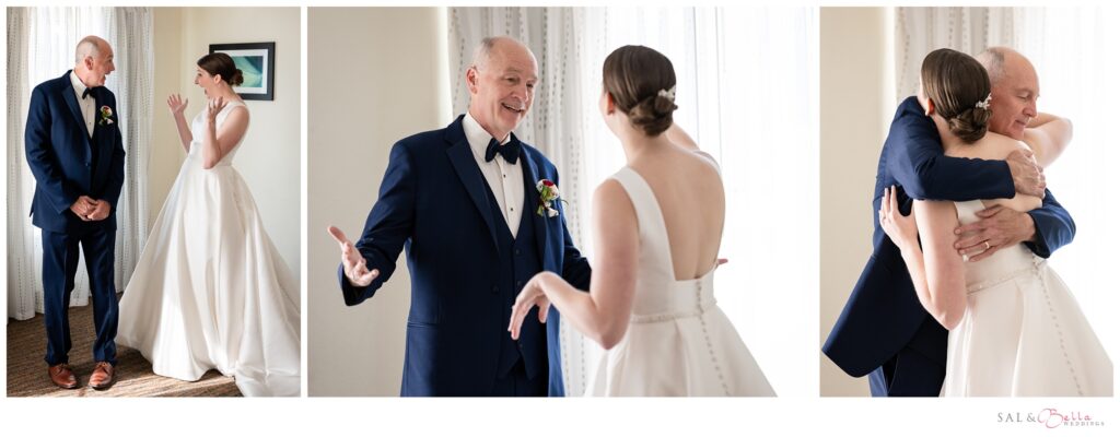 Father sees the bride in her gown for the first time. 