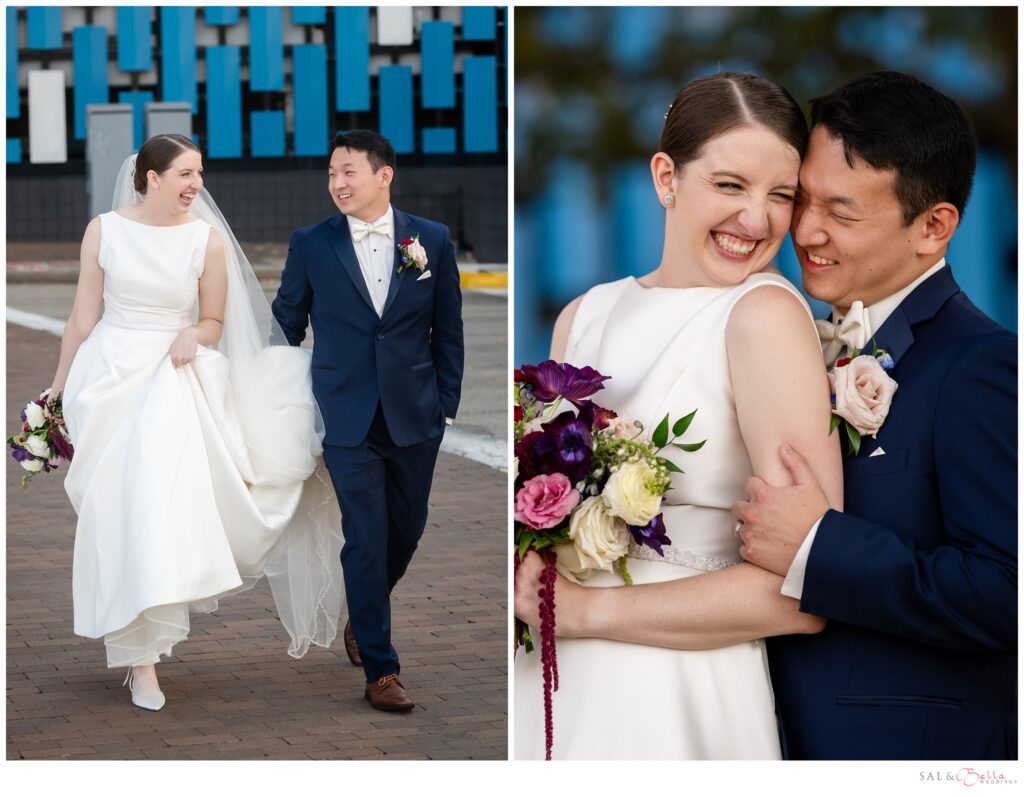 Wedding photos of bride and groom on Sixth Street in downtown Pittsburgh