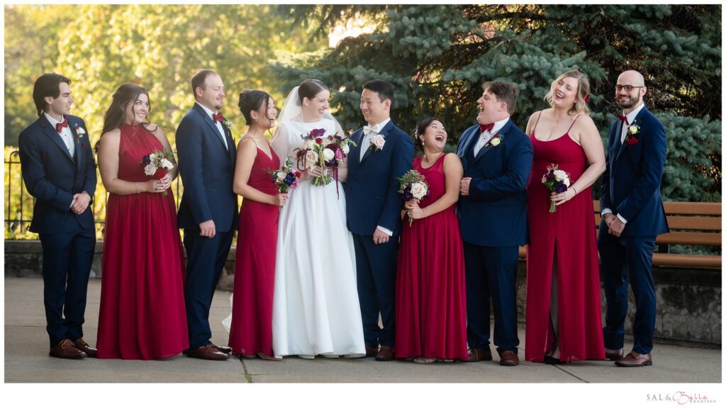 Bridal party posing outside St. Mary of the Mount church in Pittsburgh