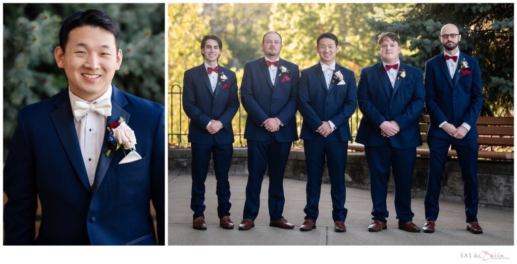 groomsmen pose outside St. Mary of the Mount on a fall wedding day