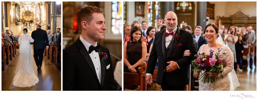 Father of the bride escorts his daughter down the aisle at Stanislaus Kostka church.