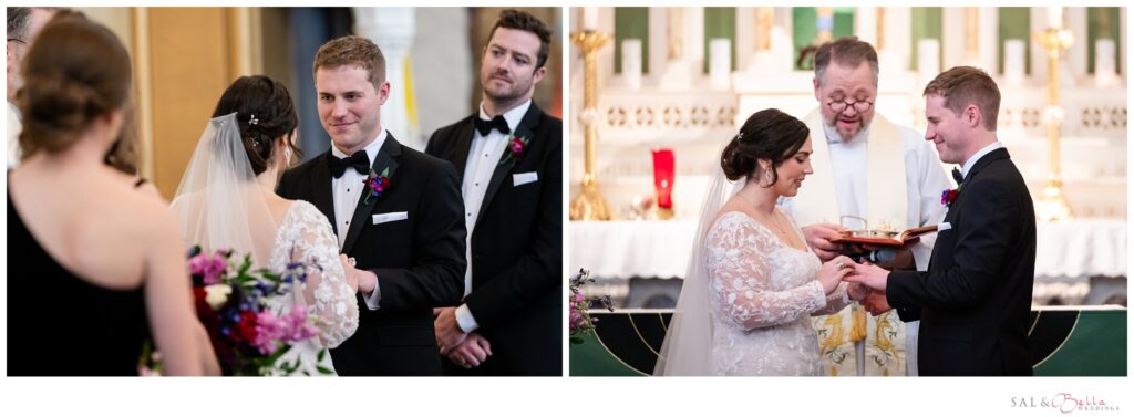 Bride and Groom exchange rings during their ceremony at Saint Stanislaus Kostka church.