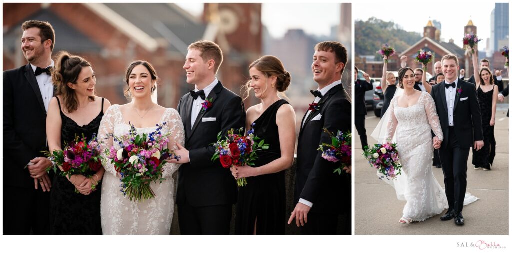 Wedding party celebrating together in the Strip District during a Priory Pittsburgh wedding