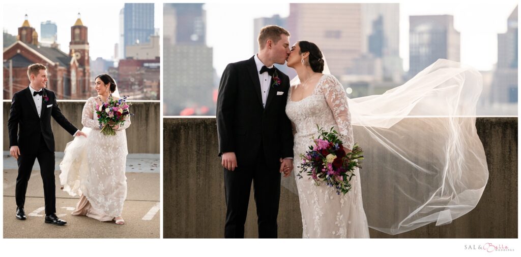 Romantic bride and groom portraits in the Strip District during a Priory Pittsburgh wedding