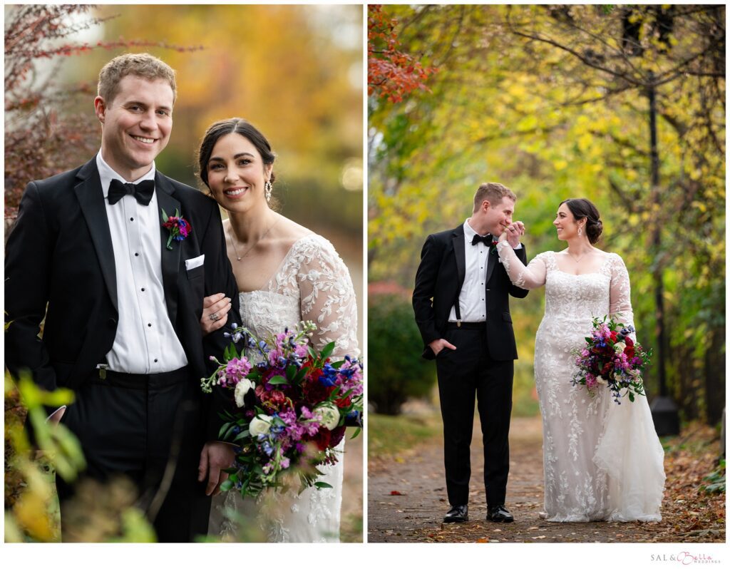 Bride and groom portraits surrounded by fall foliage during a Priory Pittsburgh wedding
