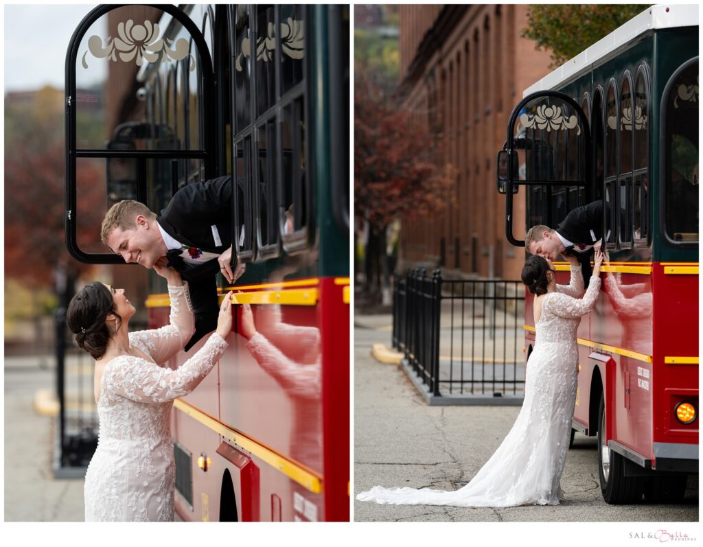 Newlyweds celebrating beside Molly’s Trolley during their Priory Pittsburgh wedding