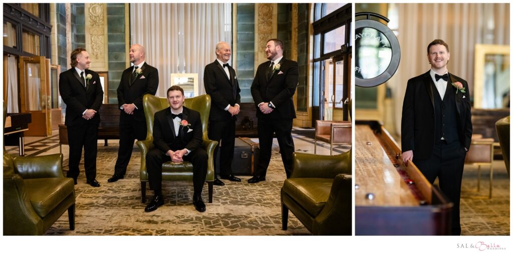 The groom and his groomsmen in the lobby of the Pennsylvanian. 