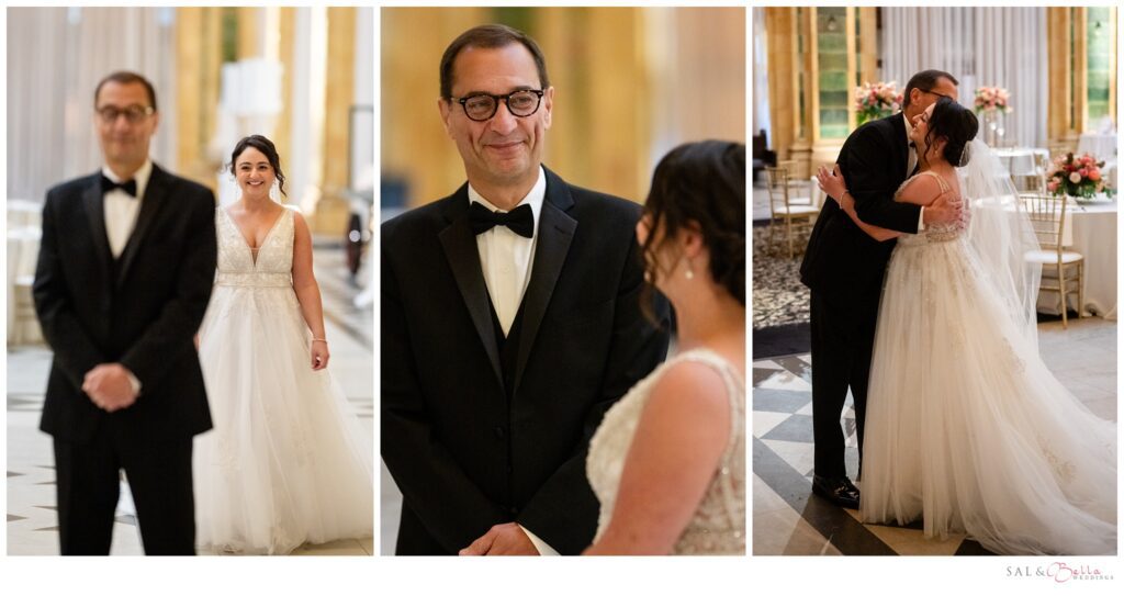 Father emotionally embraces his daughter, the bride, on her wedding day before the ceremony.